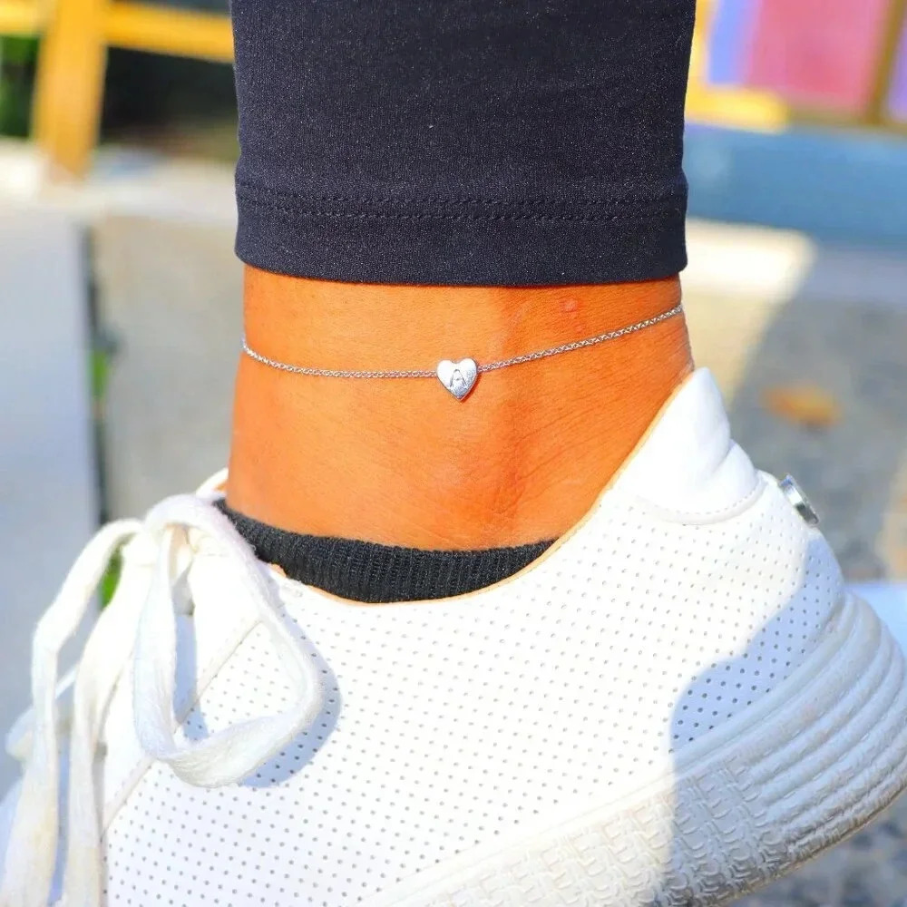 PERSONALIZED❤️HEART CHARM - A to Z, DAINTY SILVER INITIAL ANKLET GIRL, ELDM22302